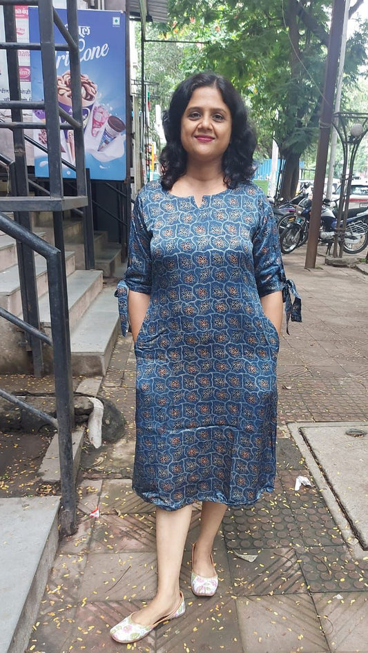 Indigo Hand Block Mashru Silk One Piece