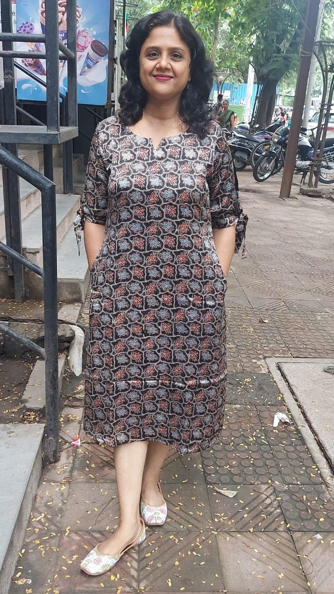 Black Hand Block Mashru Silk One Piece