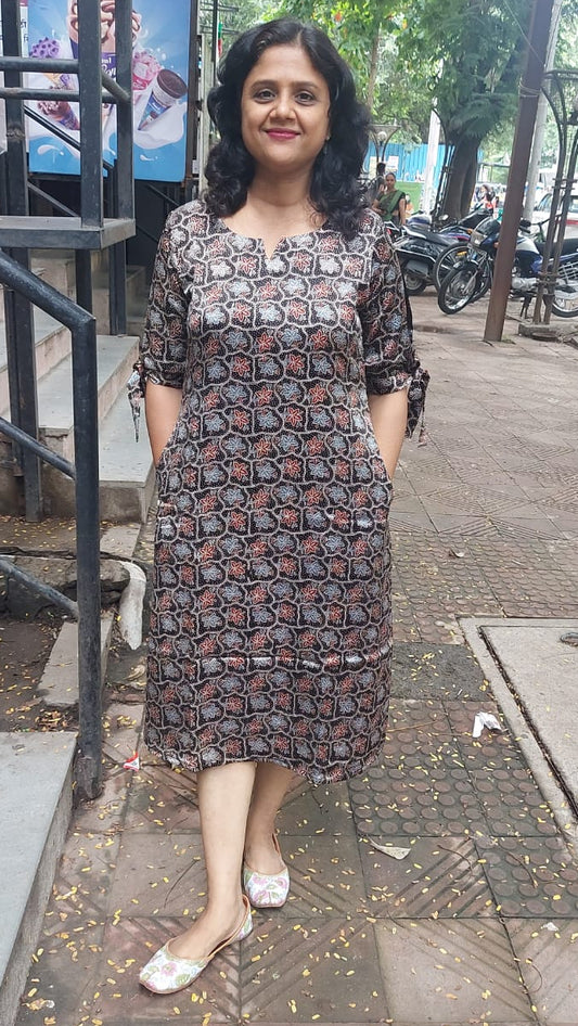 Black Hand Block Mashru Silk One Piece
