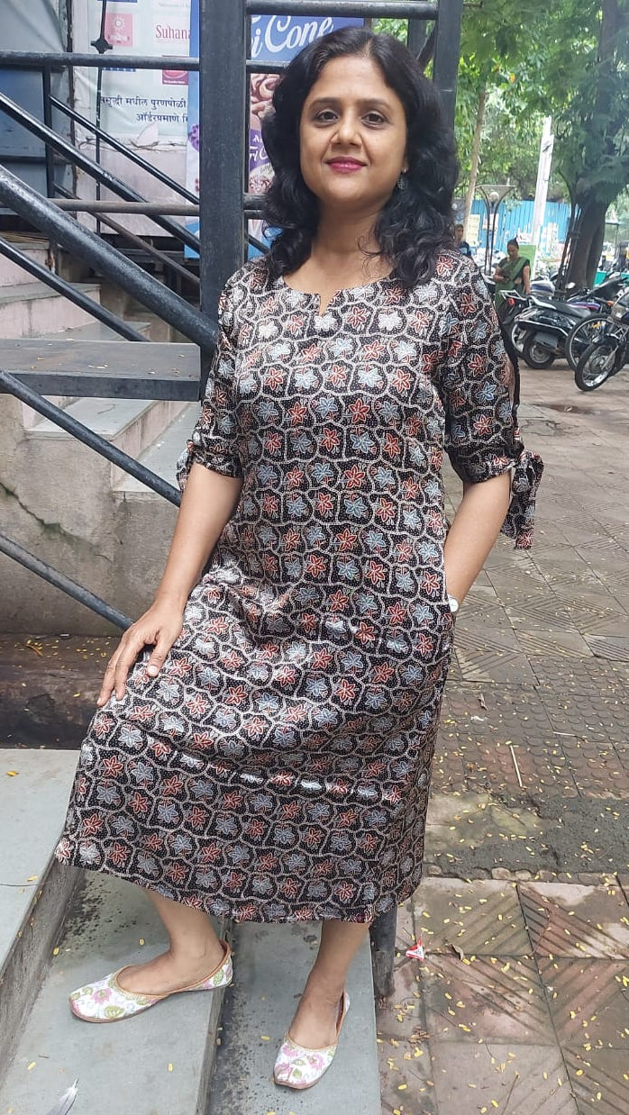 Black Hand Block Mashru Silk One Piece