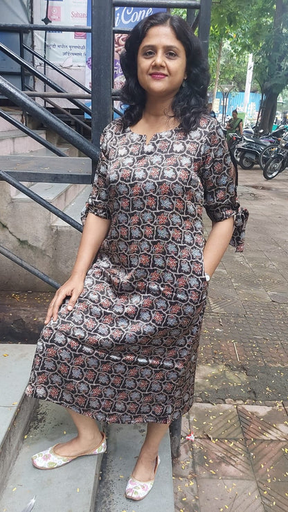 Black Hand Block Mashru Silk One Piece
