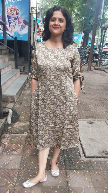 Light Brown Hand Block Mashru Silk One Piece