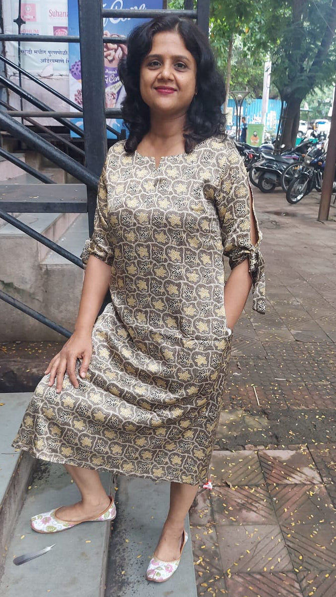 Light Brown Hand Block Mashru Silk One Piece
