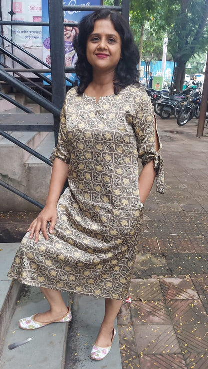 Light Brown Hand Block Mashru Silk One Piece