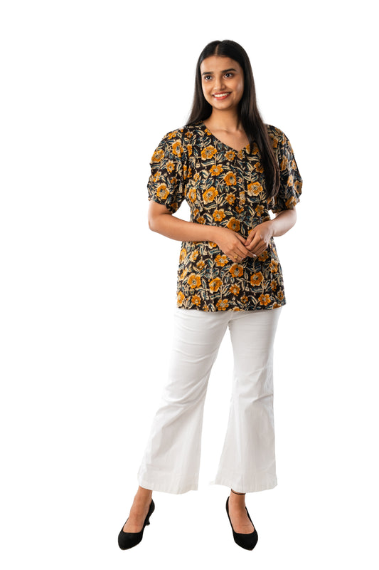 Mustard Yellow Cotton Silk Kalamkari Top