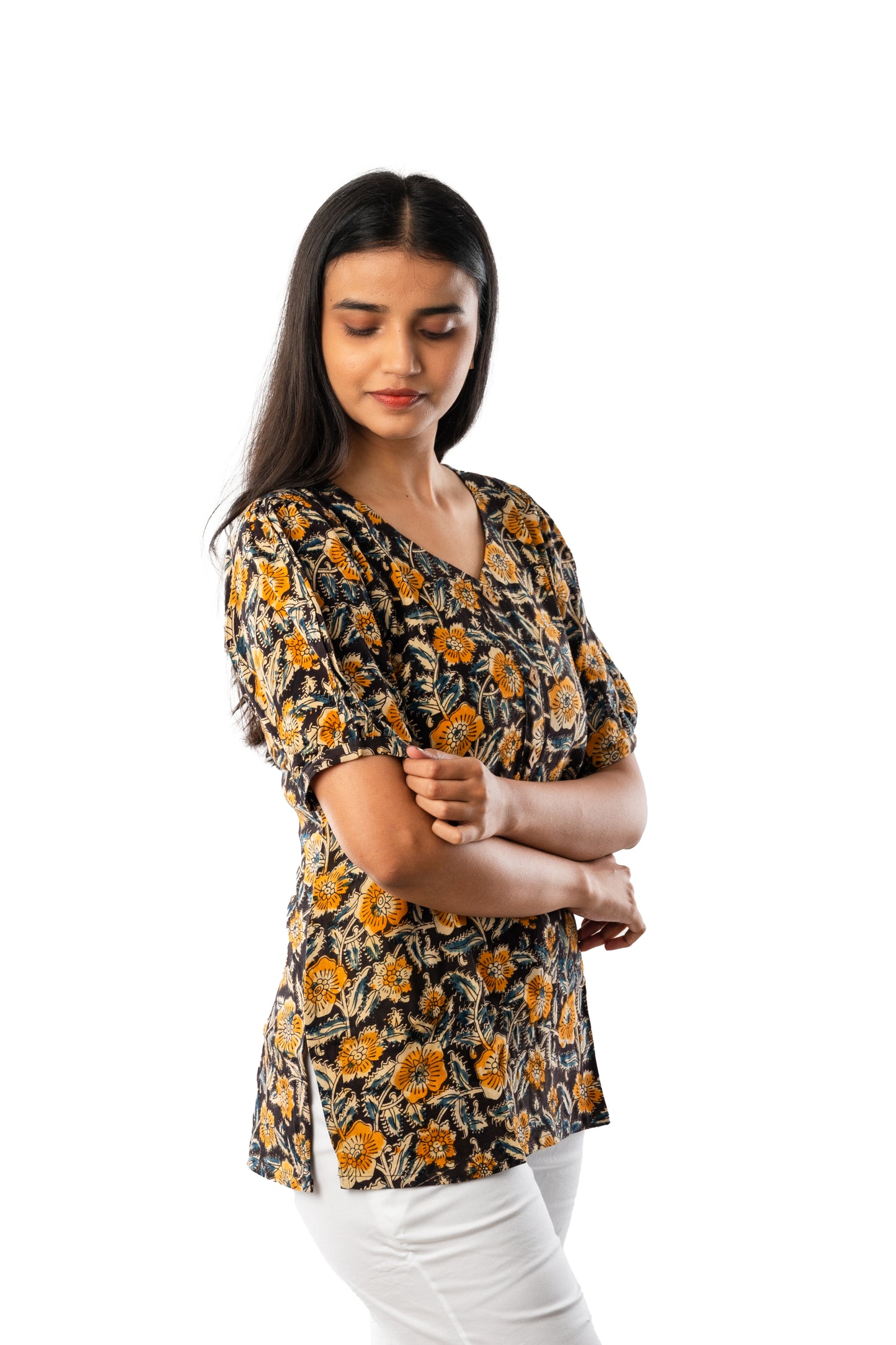 Mustard Yellow Cotton Silk Kalamkari Top