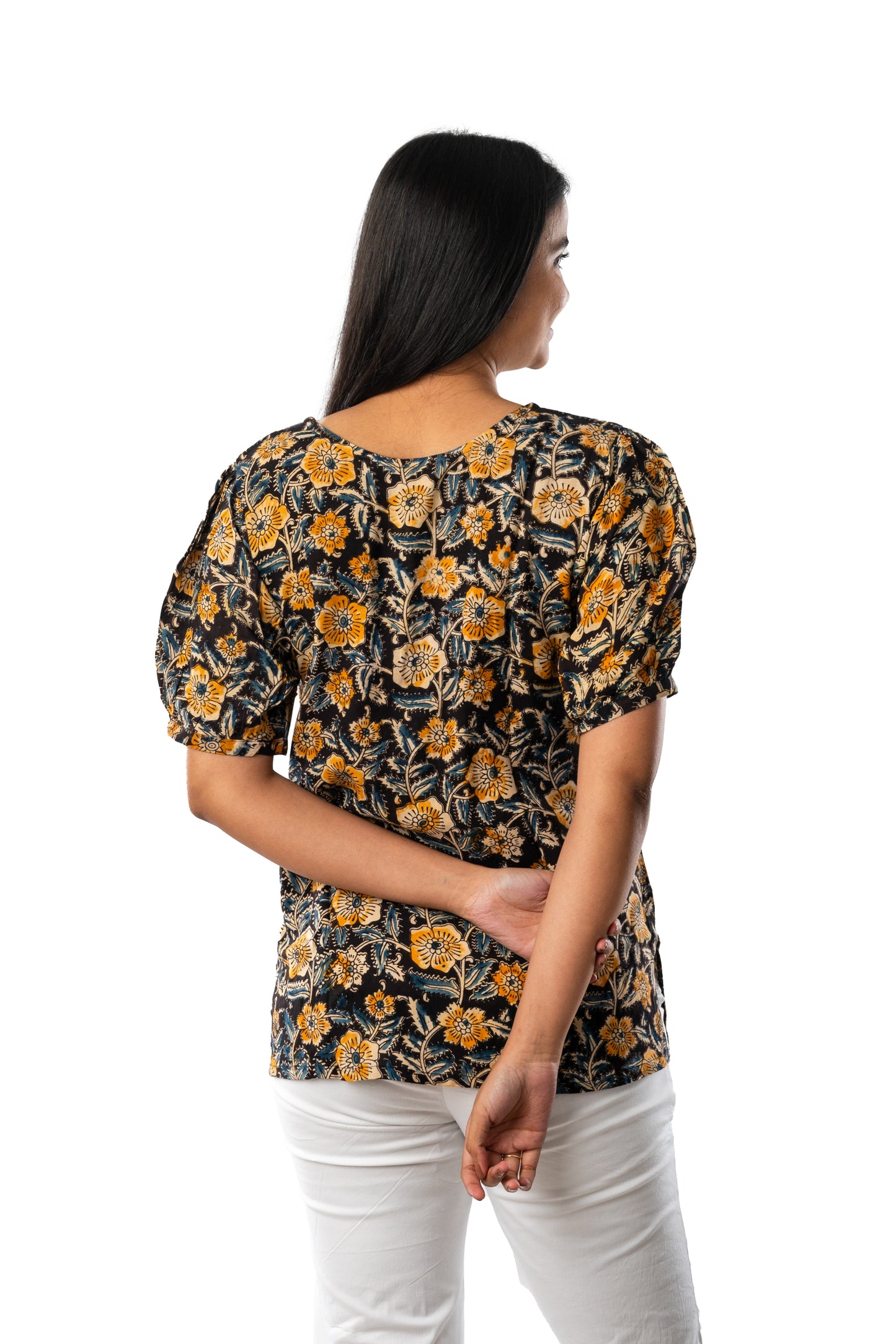 Mustard Yellow Cotton Silk Kalamkari Top