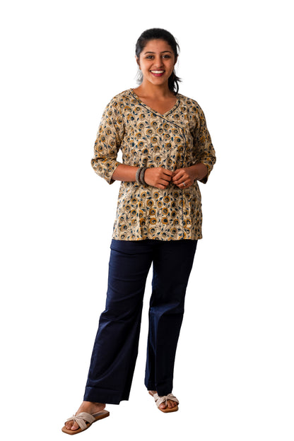 Off White Cotton Silk Kalamkari Angarakha Neck Top