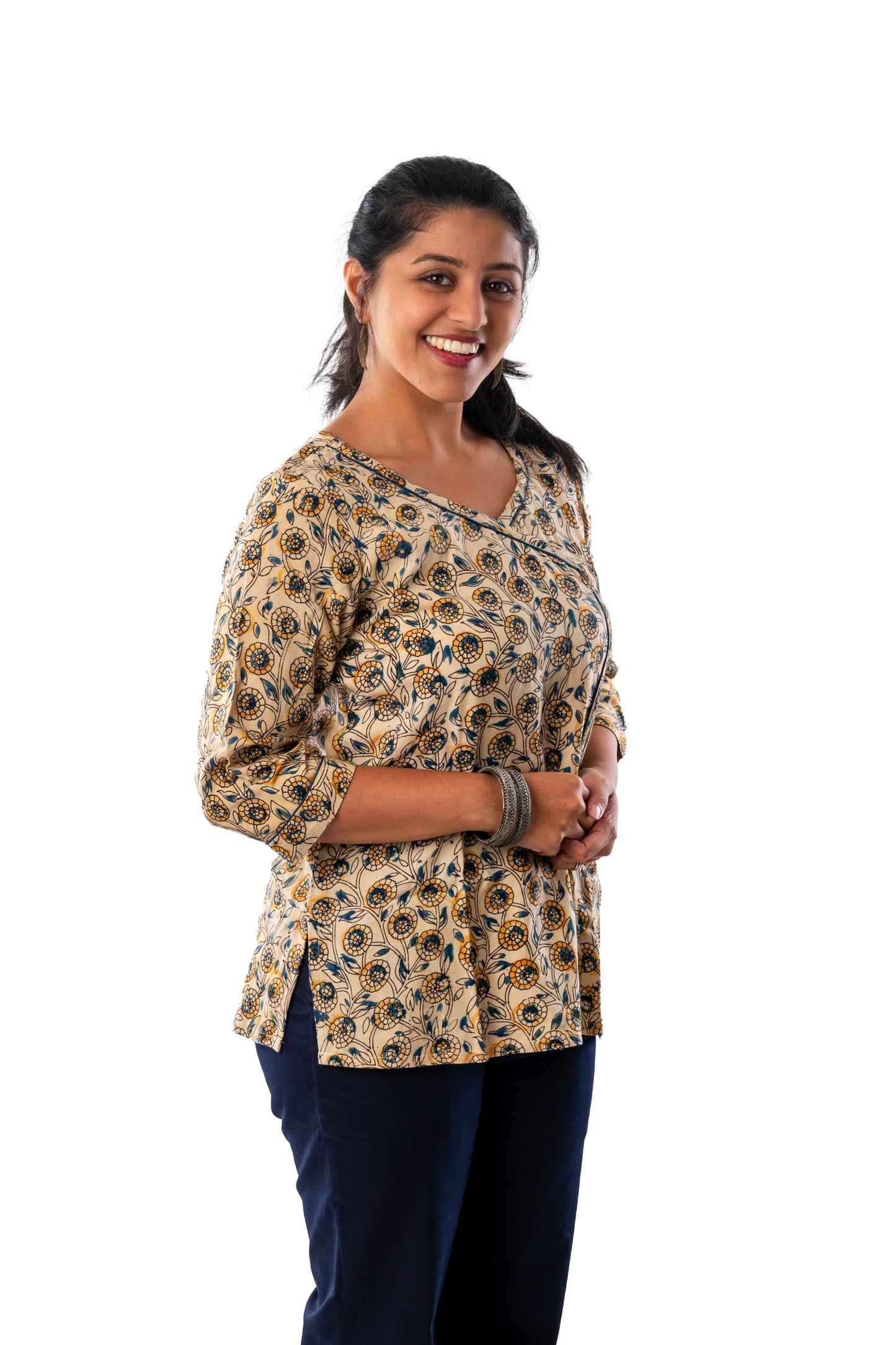 Off White Cotton Silk Kalamkari Angarakha Neck Top