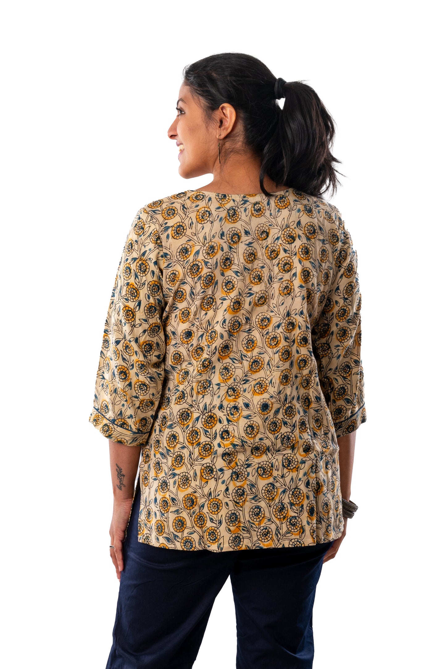 Off White Cotton Silk Kalamkari Angarakha Neck Top