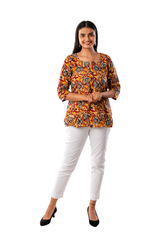 Mustard Yellow Cotton Silk Kalamkari Top