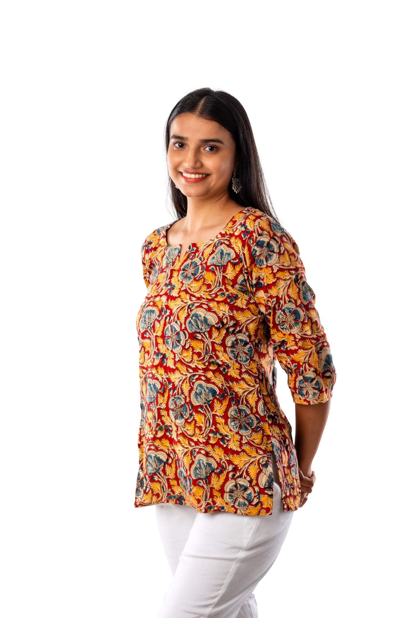 Mustard Yellow Cotton Silk Kalamkari Top