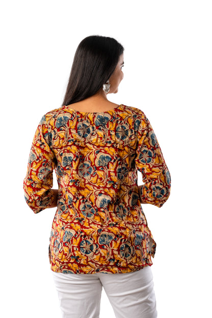 Mustard Yellow Cotton Silk Kalamkari Top