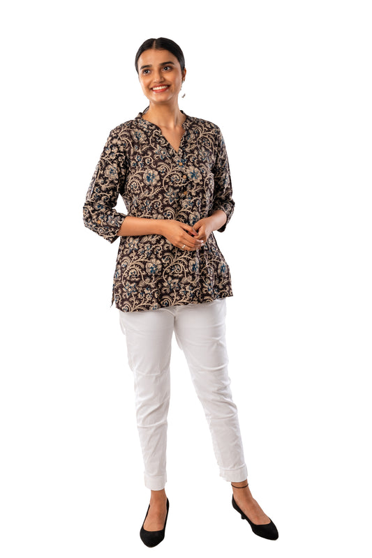 Black Cotton Silk Kalamkari Short Top