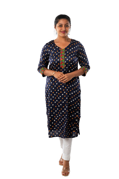 Dark Navy Blue Modal Silk Bandhani Kurta