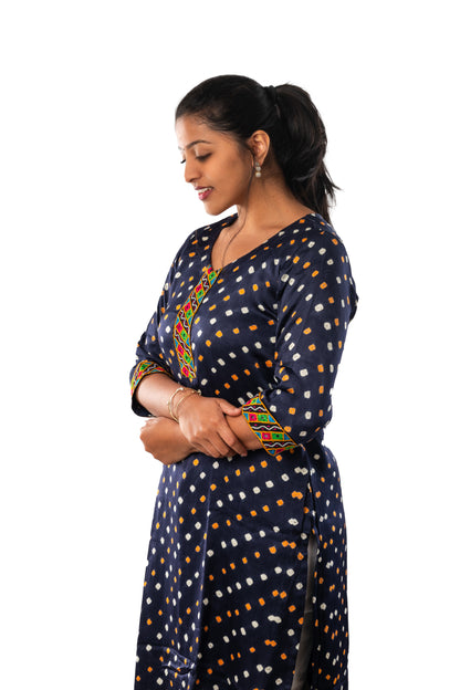 Dark Navy Blue Modal Silk Bandhani Kurta