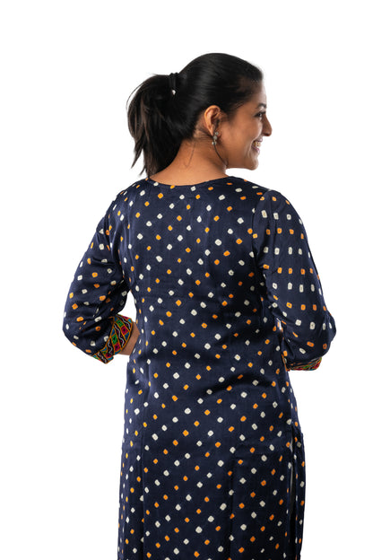 Dark Navy Blue Modal Silk Bandhani Kurta