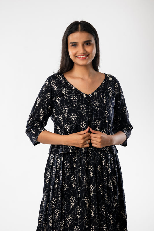 Black Handblock Printed Spaghetti One Piece with Jacket