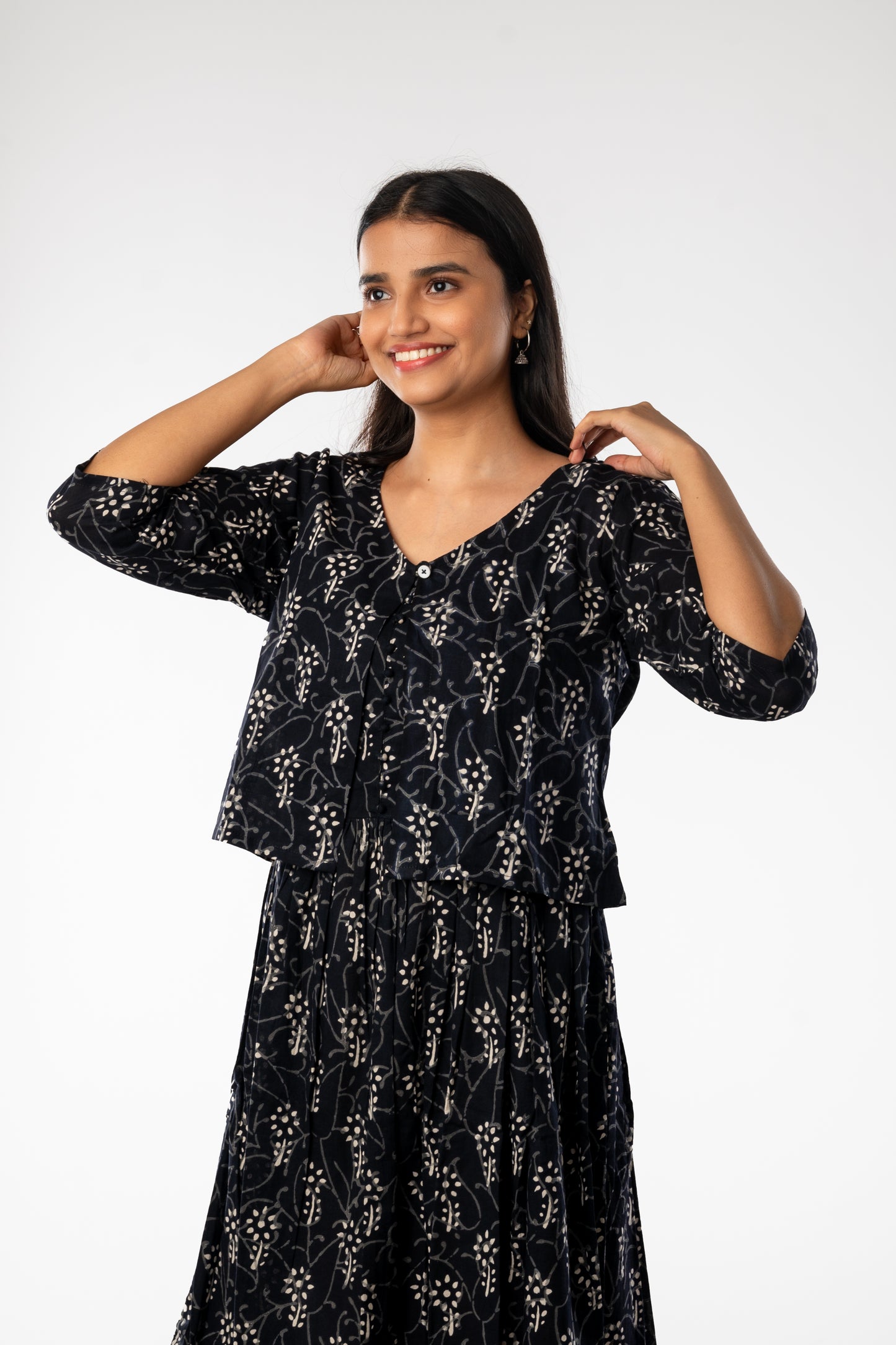 Black Handblock Printed Spaghetti One Piece with Jacket