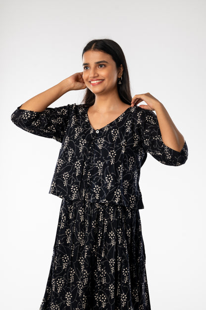 Black Handblock Printed Spaghetti One Piece with Jacket