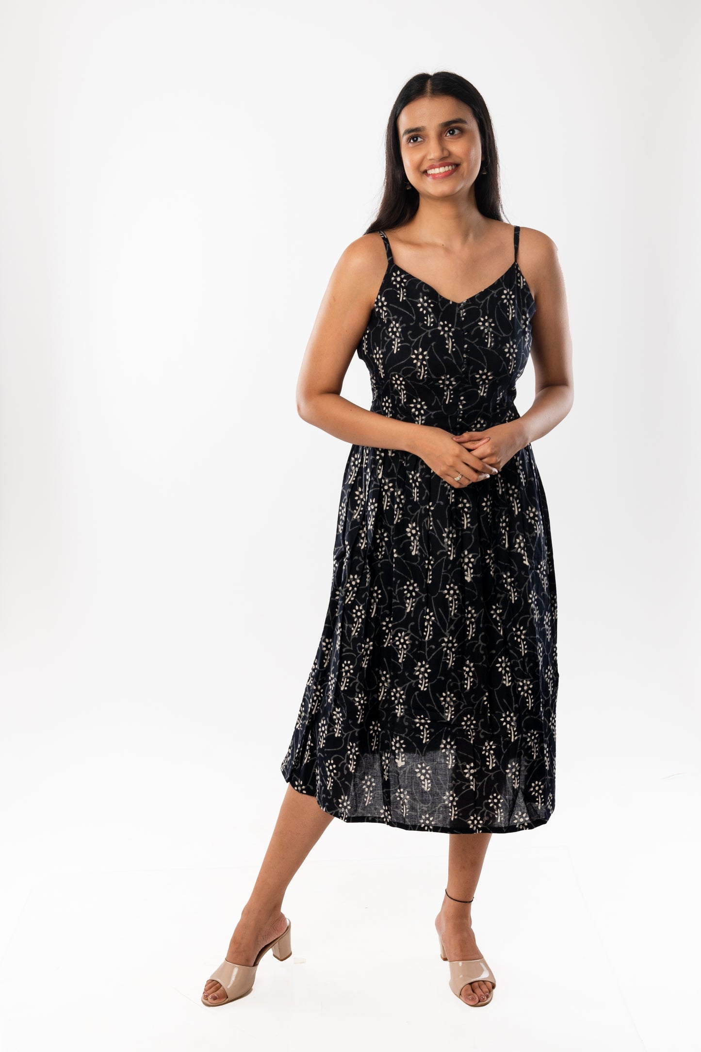 Black Handblock Printed Spaghetti One Piece with Jacket