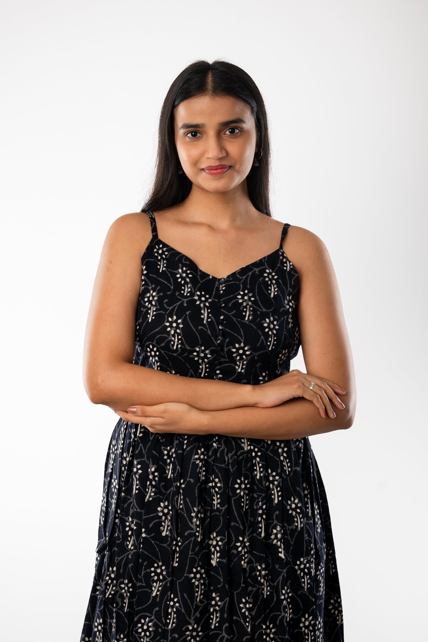 Black Handblock Printed Spaghetti One Piece with Jacket