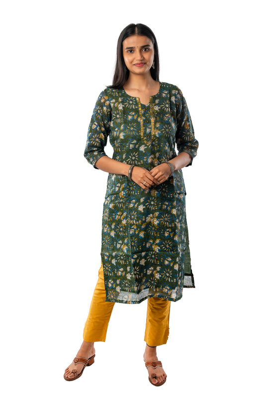 Mehendi Green Chanderi Cotton Vanapsati Ajrakh Kurta