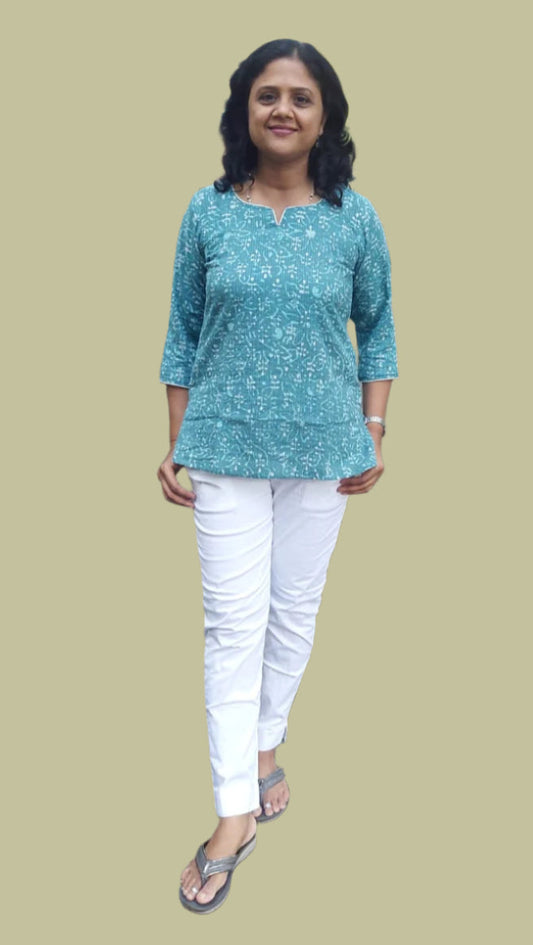 Green Gray Kantha Cotton Short Top