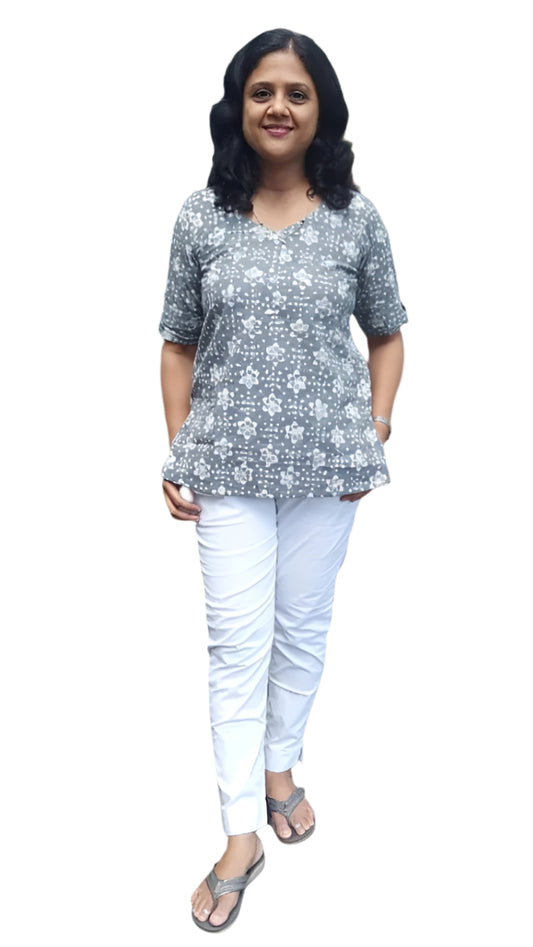 Gray Kantha Cotton Short Top
