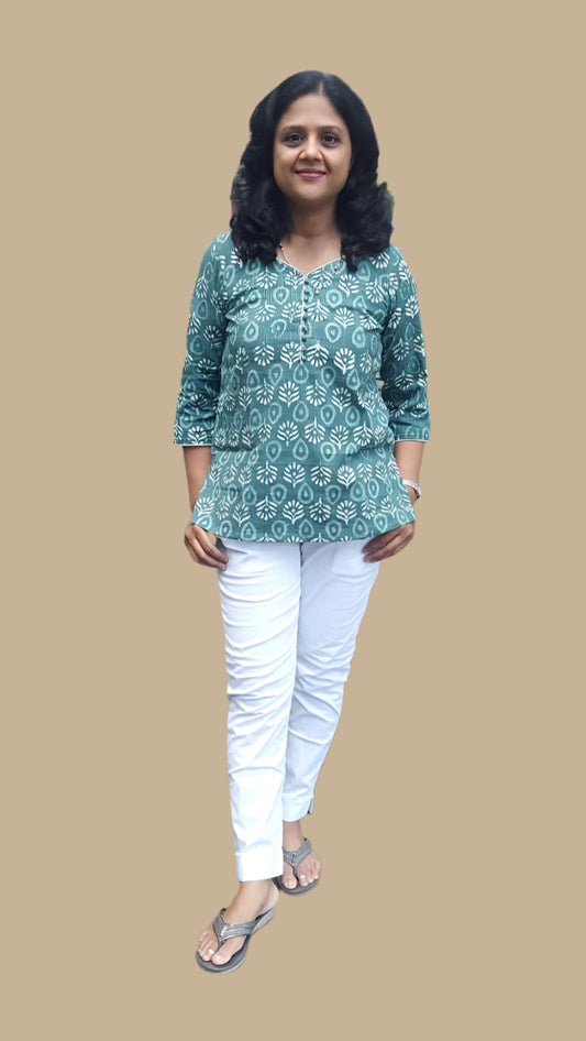 Green Gray Kantha Cotton Short Top