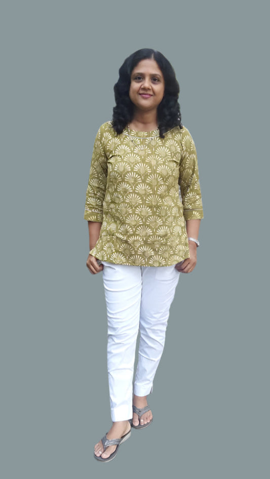Mehendi Green Kantha Cotton Short Top