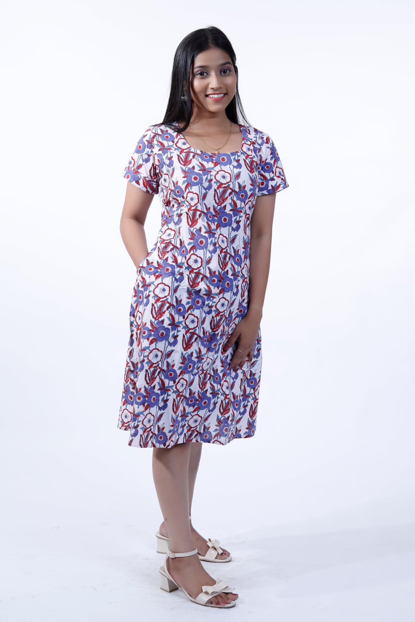 Blue Block Printed Knee Length One Piece