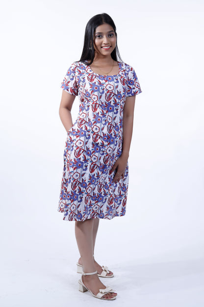 Blue Block Printed Knee Length One Piece