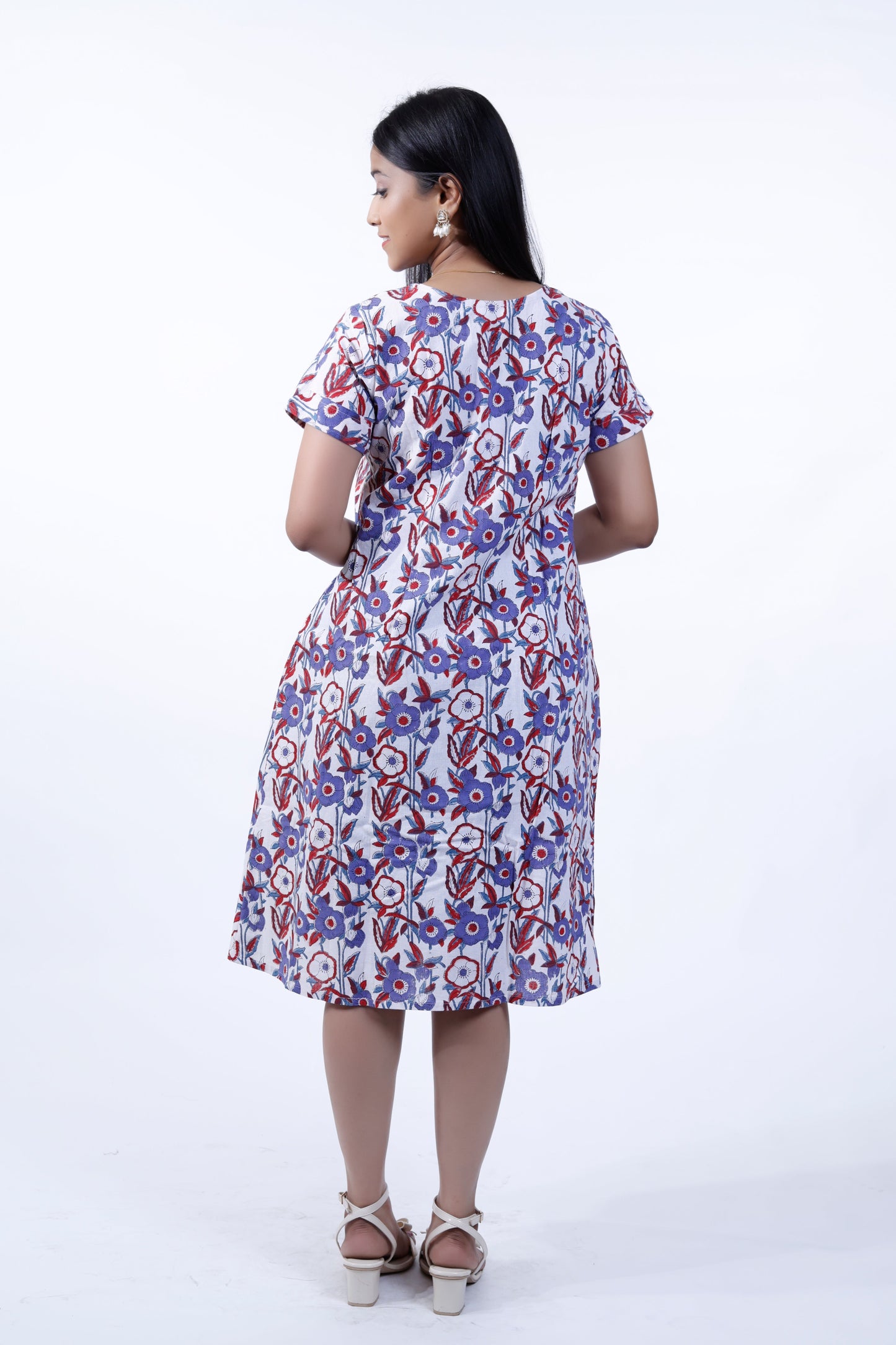 Blue Block Printed Knee Length One Piece