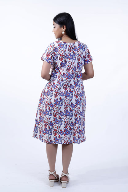 Blue Block Printed Knee Length One Piece