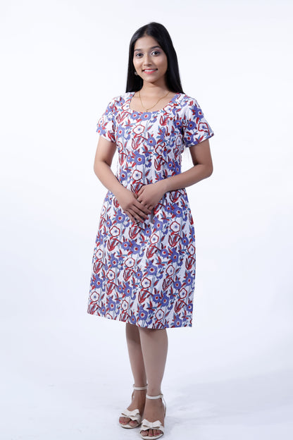 Blue Block Printed Knee Length One Piece