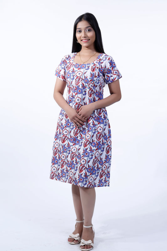 Blue Block Printed Knee Length One Piece