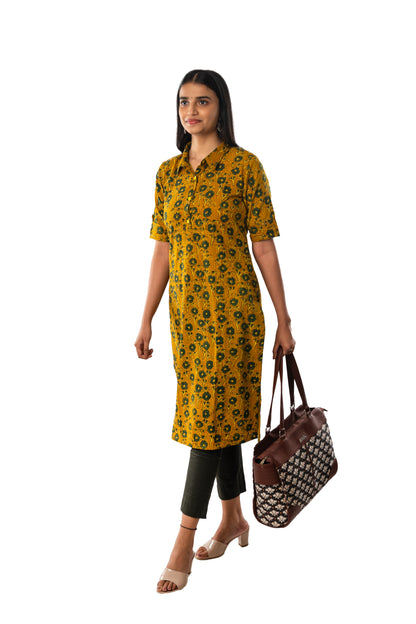 Mustard Pure Cotton Ajrakh Kurta