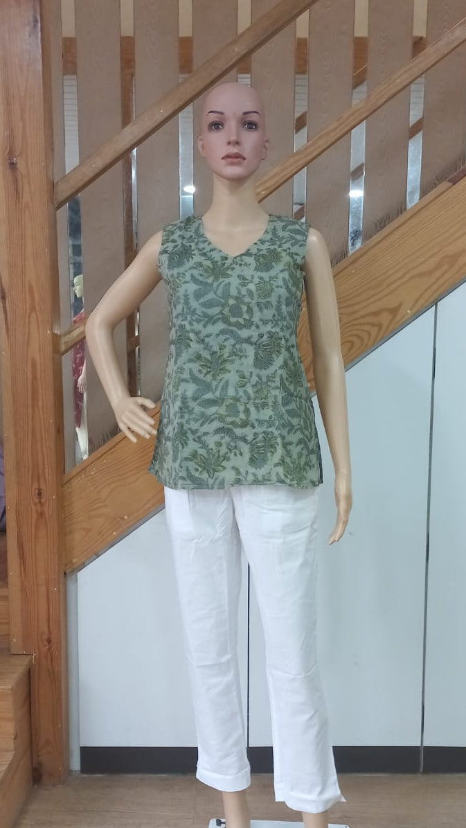 Green Grey Chanderi Cotton Short Top