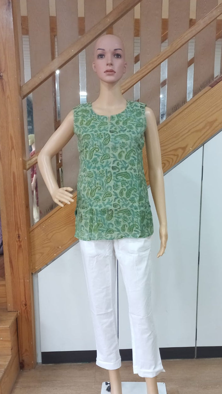 Green Chanderi Cotton Short Top