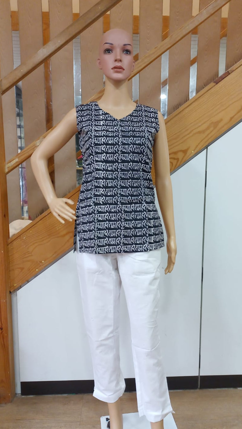 Black Pure Cotton Printed Sleeveless Short Top