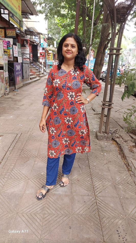Red Bagru Kalamkari Handblock Printed Kurta