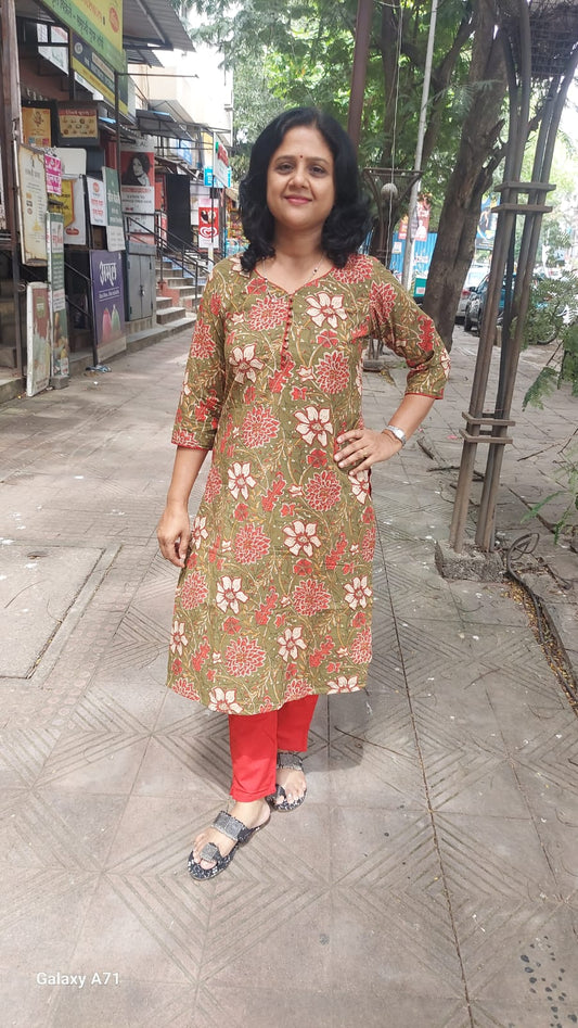 Mehendi Green Bagru Kalamkari Pure Cotton Kurta