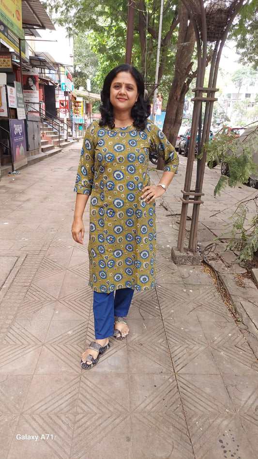 Mehendi Green Bagru Kalamkari Handblock Printed Cotton Kurta