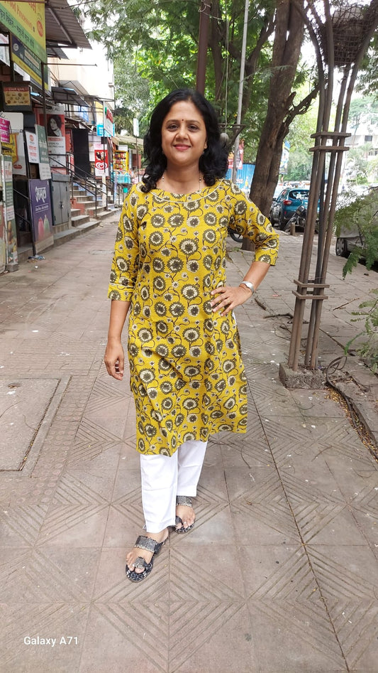 Mustard Yellow Bagru Kalamkari Handblock Printed Kurta