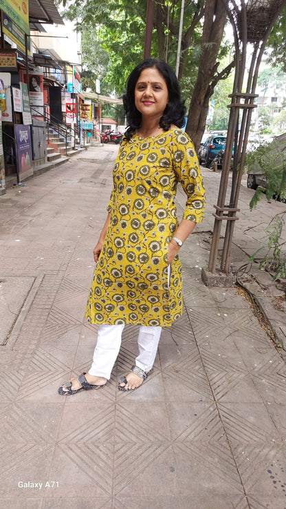 Mustard Yellow Bagru Kalamkari Handblock Printed Kurta
