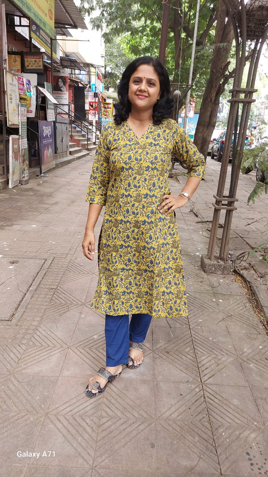 Mustard Yellow Bagru Kalamkari Handblock Printed Kurta