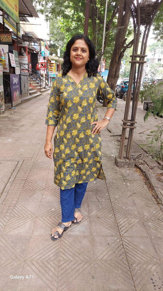 Mehendi Green Bagru Kalamkari Handblock Printed Cotton Kurta