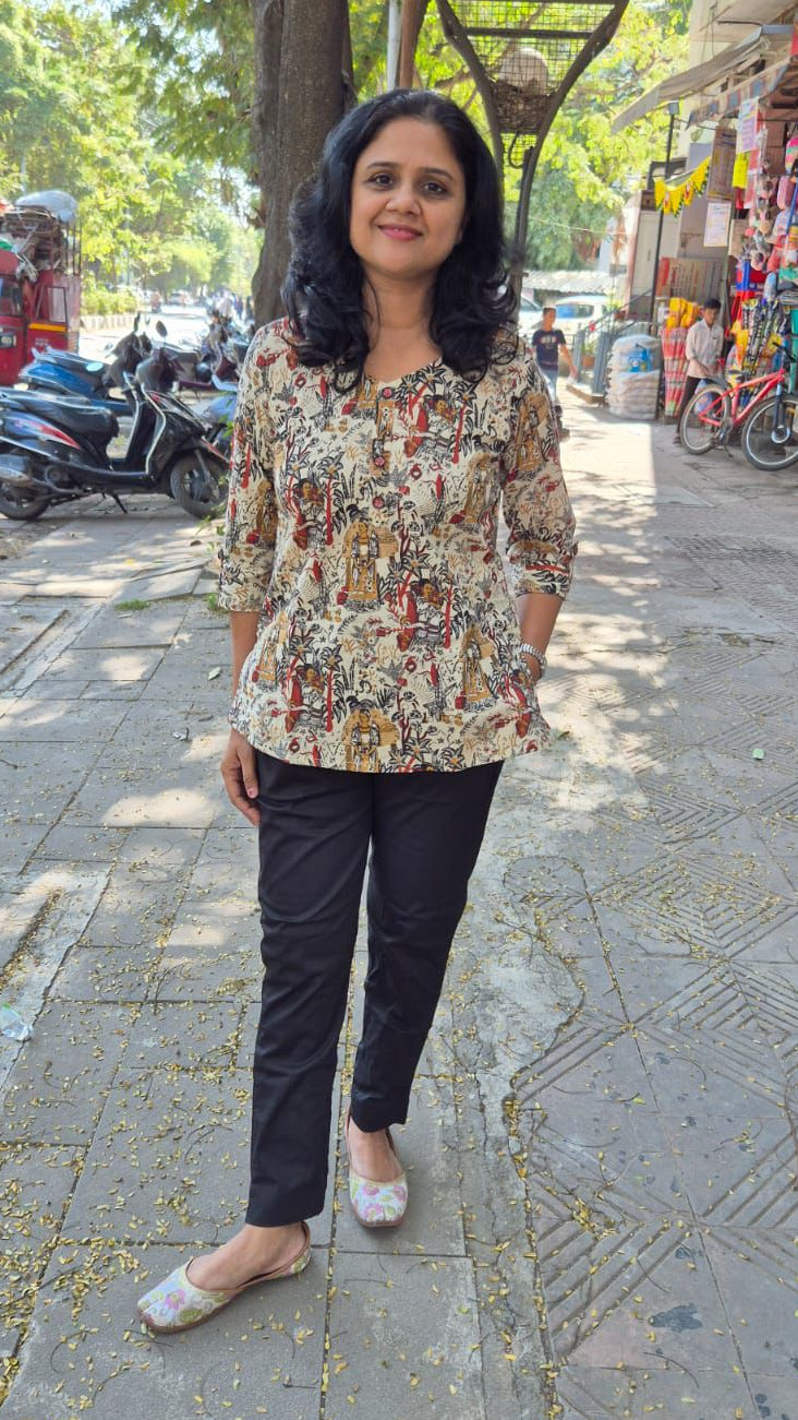 Off White Pure Cotton Printed Short Top