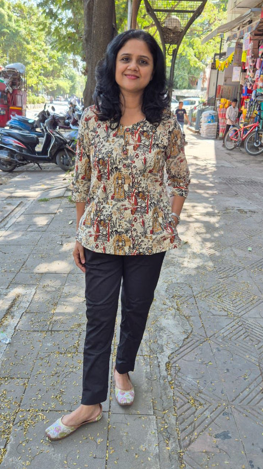 Off White Pure Cotton Printed Short Top